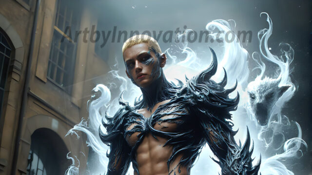 AI male art photos with a fantastical atmosphere. Imagine a Hogwarts School of Witchcraft student, from the Harry Potter series, a handsome, beautiful, and attractive, shirtless young teenage boy, standing firm against a threat. With a detailed Hogwarts castle background, casting a powerful spell, conjuring creatures based on their assigned house crest. From Demonic snakes, powerful lions, fierce badgers, or a murder of Crows. Dementors floating ominously in a cloudy sky, and sparks, shadows, and cinematic lighting, offering an otherworldly vibe.