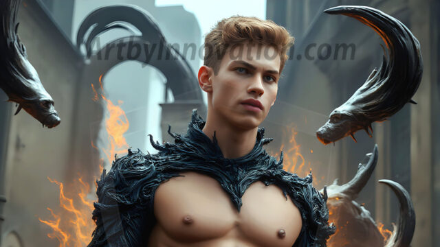 AI male art photos with a fantastical atmosphere. Imagine a Hogwarts School of Witchcraft student, from the Harry Potter series, a handsome, beautiful, and attractive, shirtless young teenage boy, standing firm against a threat. With a detailed Hogwarts castle background, casting a powerful spell, conjuring creatures based on their assigned house crest. From Demonic snakes, powerful lions, fierce badgers, or a murder of Crows. Dementors floating ominously in a cloudy sky, and sparks, shadows, and cinematic lighting, offering an otherworldly vibe.