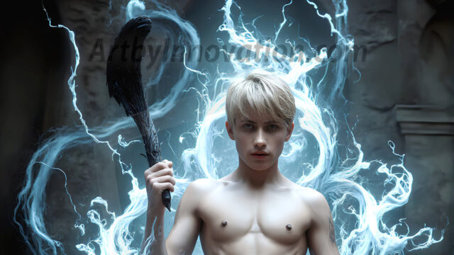 AI male art photos with a fantastical atmosphere. Imagine a Hogwarts School of Witchcraft student, from the Harry Potter series, a handsome, beautiful, and attractive, shirtless young teenage boy, standing firm against a threat. With a detailed Hogwarts castle background, casting a powerful spell, conjuring creatures based on their assigned house crest. From Demonic snakes, powerful lions, fierce badgers, or a murder of Crows. Dementors floating ominously in a cloudy sky, and sparks, shadows, and cinematic lighting, offering an otherworldly vibe.