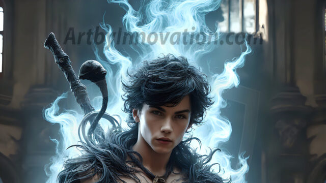 AI male art photos with a fantastical atmosphere. Imagine a Hogwarts School of Witchcraft student, from the Harry Potter series, a handsome, beautiful, and attractive, shirtless young teenage boy, standing firm against a threat. With a detailed Hogwarts castle background, casting a powerful spell, conjuring creatures based on their assigned house crest. From Demonic snakes, powerful lions, fierce badgers, or a murder of Crows. Dementors floating ominously in a cloudy sky, and sparks, shadows, and cinematic lighting, offering an otherworldly vibe.