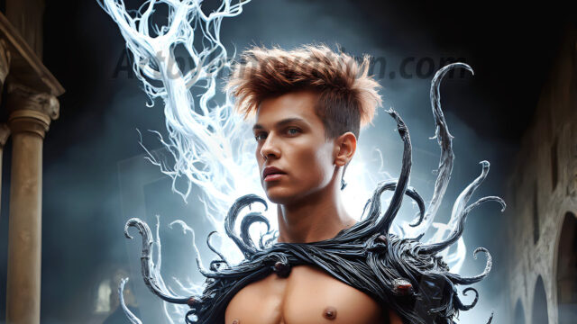 AI male art photos with a fantastical atmosphere. Imagine a Hogwarts School of Witchcraft student, from the Harry Potter series, a handsome, beautiful, and attractive, shirtless young teenage boy, standing firm against a threat. With a detailed Hogwarts castle background, casting a powerful spell, conjuring creatures based on their assigned house crest. From Demonic snakes, powerful lions, fierce badgers, or a murder of Crows. Dementors floating ominously in a cloudy sky, and sparks, shadows, and cinematic lighting, offering an otherworldly vibe.