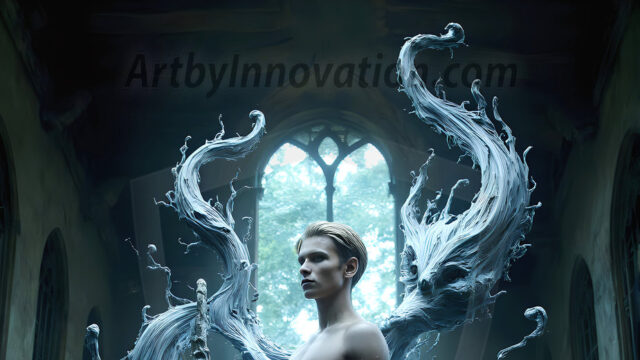 AI male art photos with a fantastical atmosphere. Imagine a Hogwarts School of Witchcraft student, from the Harry Potter series, a handsome, beautiful, and attractive, shirtless young teenage boy, standing firm against a threat. With a detailed Hogwarts castle background, casting a powerful spell, conjuring creatures based on their assigned house crest. From Demonic snakes, powerful lions, fierce badgers, or a murder of Crows. Dementors floating ominously in a cloudy sky, and sparks, shadows, and cinematic lighting, offering an otherworldly vibe.