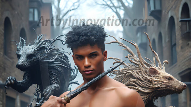 AI male art photos with a fantastical atmosphere. Imagine a Hogwarts School of Witchcraft student, from the Harry Potter series, a handsome, beautiful, and attractive, shirtless young teenage boy, standing firm against a threat. With a detailed Hogwarts castle background, casting a powerful spell, conjuring creatures based on their assigned house crest. From Demonic snakes, powerful lions, fierce badgers, or a murder of Crows. Dementors floating ominously in a cloudy sky, and sparks, shadows, and cinematic lighting, offering an otherworldly vibe.