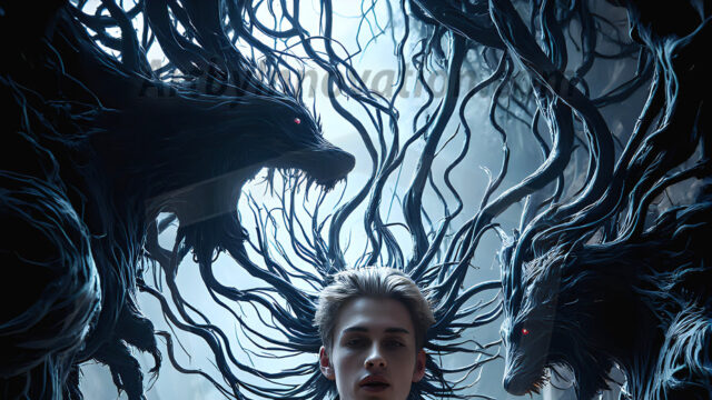 AI male art photos with a fantastical atmosphere. Imagine a Hogwarts School of Witchcraft student, from the Harry Potter series, a handsome, beautiful, and attractive, shirtless young teenage boy, standing firm against a threat. With a detailed Hogwarts castle background, casting a powerful spell, conjuring creatures based on their assigned house crest. From Demonic snakes, powerful lions, fierce badgers, or a murder of Crows. Dementors floating ominously in a cloudy sky, and sparks, shadows, and cinematic lighting, offering an otherworldly vibe.