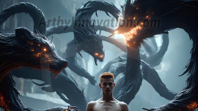 AI male art photos with a fantastical atmosphere. Imagine a Hogwarts School of Witchcraft student, from the Harry Potter series, a handsome, beautiful, and attractive, shirtless young teenage boy, standing firm against a threat. With a detailed Hogwarts castle background, casting a powerful spell, conjuring creatures based on their assigned house crest. From Demonic snakes, powerful lions, fierce badgers, or a murder of Crows. Dementors floating ominously in a cloudy sky, and sparks, shadows, and cinematic lighting, offering an otherworldly vibe.