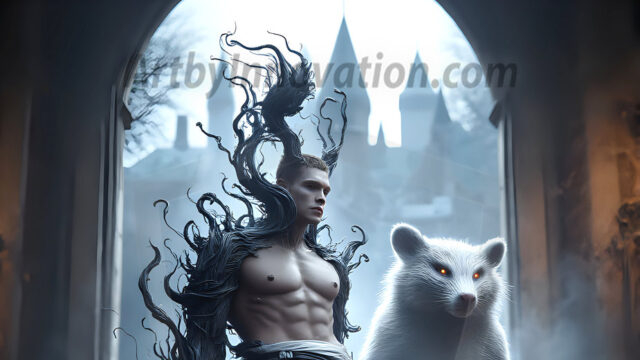 AI male art photos with a fantastical atmosphere. Imagine a Hogwarts School of Witchcraft student, from the Harry Potter series, a handsome, beautiful, and attractive, shirtless young teenage boy, standing firm against a threat. With a detailed Hogwarts castle background, casting a powerful spell, conjuring creatures based on their assigned house crest. From Demonic snakes, powerful lions, fierce badgers, or a murder of Crows. Dementors floating ominously in a cloudy sky, and sparks, shadows, and cinematic lighting, offering an otherworldly vibe.