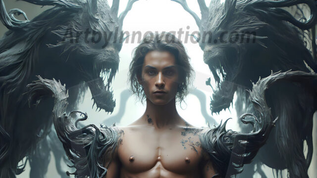 AI male art photos with a fantastical atmosphere. Imagine a Hogwarts School of Witchcraft student, from the Harry Potter series, a handsome, beautiful, and attractive, shirtless young teenage boy, standing firm against a threat. With a detailed Hogwarts castle background, casting a powerful spell, conjuring creatures based on their assigned house crest. From Demonic snakes, powerful lions, fierce badgers, or a murder of Crows. Dementors floating ominously in a cloudy sky, and sparks, shadows, and cinematic lighting, offering an otherworldly vibe.