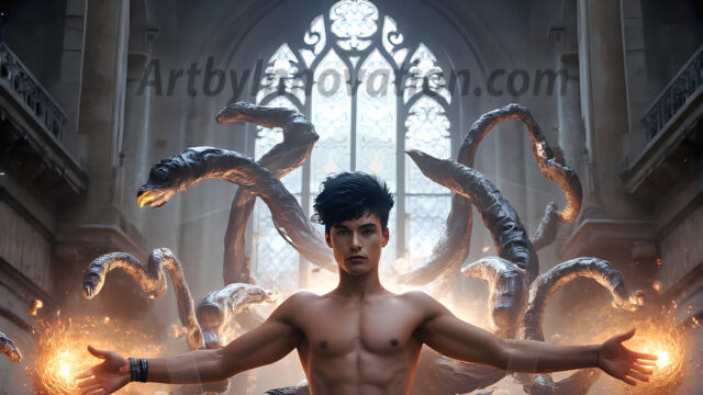 AI male art photos with a fantastical atmosphere. Imagine a Hogwarts School of Witchcraft student, from the Harry Potter series, a handsome, beautiful, and attractive, shirtless young teenage boy, standing firm against a threat. With a detailed Hogwarts castle background, casting a powerful spell, conjuring creatures based on their assigned house crest. From Demonic snakes, powerful lions, fierce badgers, or a murder of Crows. Dementors floating ominously in a cloudy sky, and sparks, shadows, and cinematic lighting, offering an otherworldly vibe.
