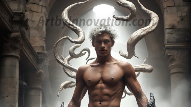 AI male art photos with a fantastical atmosphere. Imagine a Hogwarts School of Witchcraft student, from the Harry Potter series, a handsome, beautiful, and attractive, shirtless young teenage boy, standing firm against a threat. With a detailed Hogwarts castle background, casting a powerful spell, conjuring creatures based on their assigned house crest. From Demonic snakes, powerful lions, fierce badgers, or a murder of Crows. Dementors floating ominously in a cloudy sky, and sparks, shadows, and cinematic lighting, offering an otherworldly vibe.