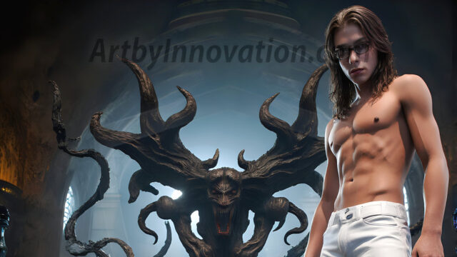 AI male art photos with a fantastical atmosphere. Imagine a Hogwarts School of Witchcraft student, from the Harry Potter series, a handsome, beautiful, and attractive, shirtless young teenage boy, standing firm against a threat. With a detailed Hogwarts castle background, casting a powerful spell, conjuring creatures based on their assigned house crest. From Demonic snakes, powerful lions, fierce badgers, or a murder of Crows. Dementors floating ominously in a cloudy sky, and sparks, shadows, and cinematic lighting, offering an otherworldly vibe.