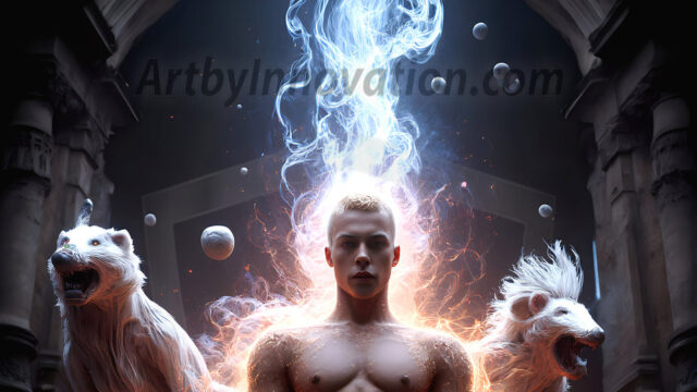 AI male art photos with a fantastical atmosphere. Imagine a Hogwarts School of Witchcraft student, from the Harry Potter series, a handsome, beautiful, and attractive, shirtless young teenage boy, standing firm against a threat. With a detailed Hogwarts castle background, casting a powerful spell, conjuring creatures based on their assigned house crest. From Demonic snakes, powerful lions, fierce badgers, or a murder of Crows. Dementors floating ominously in a cloudy sky, and sparks, shadows, and cinematic lighting, offering an otherworldly vibe.