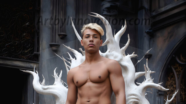 AI male art photos with a fantastical atmosphere. Imagine a Hogwarts School of Witchcraft student, from the Harry Potter series, a handsome, beautiful, and attractive, shirtless young teenage boy, standing firm against a threat. With a detailed Hogwarts castle background, casting a powerful spell, conjuring creatures based on their assigned house crest. From Demonic snakes, powerful lions, fierce badgers, or a murder of Crows. Dementors floating ominously in a cloudy sky, and sparks, shadows, and cinematic lighting, offering an otherworldly vibe.