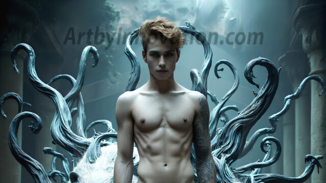 AI male art photos with a fantastical atmosphere. Imagine a Hogwarts School of Witchcraft student, from the Harry Potter series, a handsome, beautiful, and attractive, shirtless young teenage boy, standing firm against a threat. With a detailed Hogwarts castle background, casting a powerful spell, conjuring creatures based on their assigned house crest. From Demonic snakes, powerful lions, fierce badgers, or a murder of Crows. Dementors floating ominously in a cloudy sky, and sparks, shadows, and cinematic lighting, offering an otherworldly vibe.