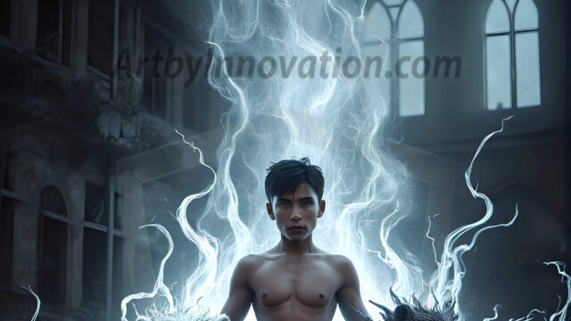 AI male art photos with a fantastical atmosphere. Imagine a Hogwarts School of Witchcraft student, from the Harry Potter series, a handsome, beautiful, and attractive, shirtless young teenage boy, standing firm against a threat. With a detailed Hogwarts castle background, casting a powerful spell, conjuring creatures based on their assigned house crest. From Demonic snakes, powerful lions, fierce badgers, or a murder of Crows. Dementors floating ominously in a cloudy sky, and sparks, shadows, and cinematic lighting, offering an otherworldly vibe.