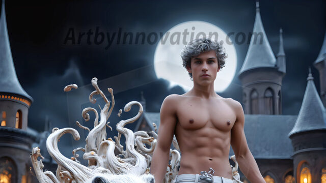 AI male art photos with a fantastical atmosphere. Imagine a Hogwarts School of Witchcraft student, from the Harry Potter series, a handsome, beautiful, and attractive, shirtless young teenage boy, standing firm against a threat. With a detailed Hogwarts castle background, casting a powerful spell, conjuring creatures based on their assigned house crest. From Demonic snakes, powerful lions, fierce badgers, or a murder of Crows. Dementors floating ominously in a cloudy sky, and sparks, shadows, and cinematic lighting, offering an otherworldly vibe.