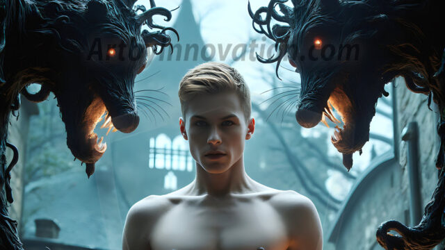 AI male art photos with a fantastical atmosphere. Imagine a Hogwarts School of Witchcraft student, from the Harry Potter series, a handsome, beautiful, and attractive, shirtless young teenage boy, standing firm against a threat. With a detailed Hogwarts castle background, casting a powerful spell, conjuring creatures based on their assigned house crest. From Demonic snakes, powerful lions, fierce badgers, or a murder of Crows. Dementors floating ominously in a cloudy sky, and sparks, shadows, and cinematic lighting, offering an otherworldly vibe.