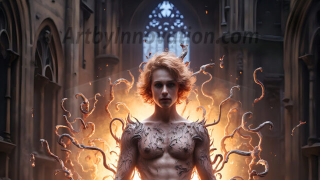 AI male art photos with a fantastical atmosphere. Imagine a Hogwarts School of Witchcraft student, from the Harry Potter series, a handsome, beautiful, and attractive, shirtless young teenage boy, standing firm against a threat. With a detailed Hogwarts castle background, casting a powerful spell, conjuring creatures based on their assigned house crest. From Demonic snakes, powerful lions, fierce badgers, or a murder of Crows. Dementors floating ominously in a cloudy sky, and sparks, shadows, and cinematic lighting, offering an otherworldly vibe.