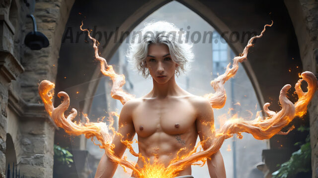 AI male art photos with a fantastical atmosphere. Imagine a Hogwarts School of Witchcraft student, from the Harry Potter series, a handsome, beautiful, and attractive, shirtless young teenage boy, standing firm against a threat. With a detailed Hogwarts castle background, casting a powerful spell, conjuring creatures based on their assigned house crest. From Demonic snakes, powerful lions, fierce badgers, or a murder of Crows. Dementors floating ominously in a cloudy sky, and sparks, shadows, and cinematic lighting, offering an otherworldly vibe.