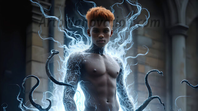 AI male art photos with a fantastical atmosphere. Imagine a Hogwarts School of Witchcraft student, from the Harry Potter series, a handsome, beautiful, and attractive, shirtless young teenage boy, standing firm against a threat. With a detailed Hogwarts castle background, casting a powerful spell, conjuring creatures based on their assigned house crest. From Demonic snakes, powerful lions, fierce badgers, or a murder of Crows. Dementors floating ominously in a cloudy sky, and sparks, shadows, and cinematic lighting, offering an otherworldly vibe.