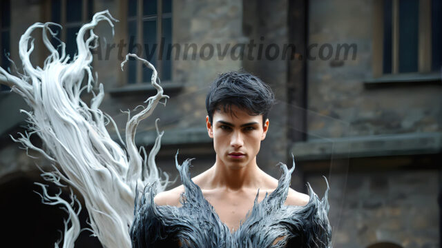 AI male art photos with a fantastical atmosphere. Imagine a Hogwarts School of Witchcraft student, from the Harry Potter series, a handsome, beautiful, and attractive, shirtless young teenage boy, standing firm against a threat. With a detailed Hogwarts castle background, casting a powerful spell, conjuring creatures based on their assigned house crest. From Demonic snakes, powerful lions, fierce badgers, or a murder of Crows. Dementors floating ominously in a cloudy sky, and sparks, shadows, and cinematic lighting, offering an otherworldly vibe.