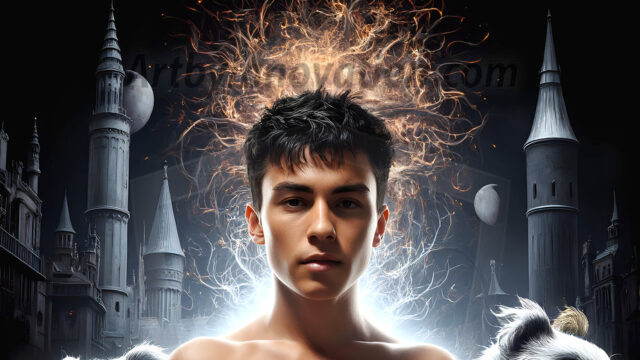 AI male art photos with a fantastical atmosphere. Imagine a Hogwarts School of Witchcraft student, from the Harry Potter series, a handsome, beautiful, and attractive, shirtless young teenage boy, standing firm against a threat. With a detailed Hogwarts castle background, casting a powerful spell, conjuring creatures based on their assigned house crest. From Demonic snakes, powerful lions, fierce badgers, or a murder of Crows. Dementors floating ominously in a cloudy sky, and sparks, shadows, and cinematic lighting, offering an otherworldly vibe.