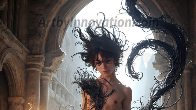 AI male art photos with a fantastical atmosphere. Imagine a Hogwarts School of Witchcraft student, from the Harry Potter series, a handsome, beautiful, and attractive, shirtless young teenage boy, standing firm against a threat. With a detailed Hogwarts castle background, casting a powerful spell, conjuring creatures based on their assigned house crest. From Demonic snakes, powerful lions, fierce badgers, or a murder of Crows. Dementors floating ominously in a cloudy sky, and sparks, shadows, and cinematic lighting, offering an otherworldly vibe.