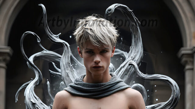 AI male art photos with a fantastical atmosphere. Imagine a Hogwarts School of Witchcraft student, from the Harry Potter series, a handsome, beautiful, and attractive, shirtless young teenage boy, standing firm against a threat. With a detailed Hogwarts castle background, casting a powerful spell, conjuring creatures based on their assigned house crest. From Demonic snakes, powerful lions, fierce badgers, or a murder of Crows. Dementors floating ominously in a cloudy sky, and sparks, shadows, and cinematic lighting, offering an otherworldly vibe.