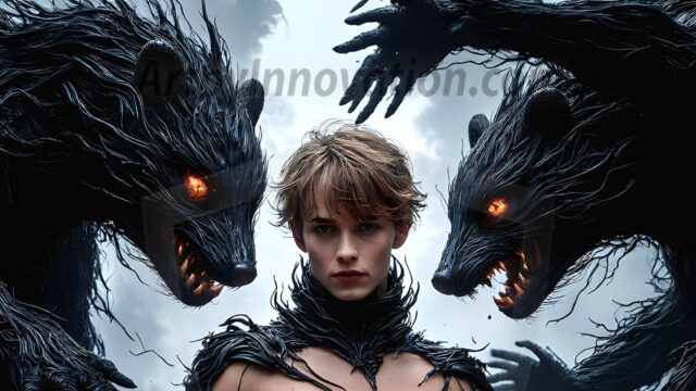 AI male art photos with a fantastical atmosphere. Imagine a Hogwarts School of Witchcraft student, from the Harry Potter series, a handsome, beautiful, and attractive, shirtless young teenage boy, standing firm against a threat. With a detailed Hogwarts castle background, casting a powerful spell, conjuring creatures based on their assigned house crest. From Demonic snakes, powerful lions, fierce badgers, or a murder of Crows. Dementors floating ominously in a cloudy sky, and sparks, shadows, and cinematic lighting, offering an otherworldly vibe.