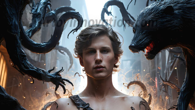 AI male art photos with a fantastical atmosphere. Imagine a Hogwarts School of Witchcraft student, from the Harry Potter series, a handsome, beautiful, and attractive, shirtless young teenage boy, standing firm against a threat. With a detailed Hogwarts castle background, casting a powerful spell, conjuring creatures based on their assigned house crest. From Demonic snakes, powerful lions, fierce badgers, or a murder of Crows. Dementors floating ominously in a cloudy sky, and sparks, shadows, and cinematic lighting, offering an otherworldly vibe.