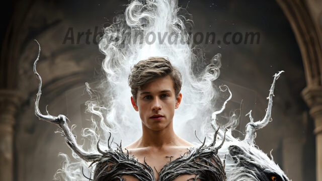 AI male art photos with a fantastical atmosphere. Imagine a Hogwarts School of Witchcraft student, from the Harry Potter series, a handsome, beautiful, and attractive, shirtless young teenage boy, standing firm against a threat. With a detailed Hogwarts castle background, casting a powerful spell, conjuring creatures based on their assigned house crest. From Demonic snakes, powerful lions, fierce badgers, or a murder of Crows. Dementors floating ominously in a cloudy sky, and sparks, shadows, and cinematic lighting, offering an otherworldly vibe.