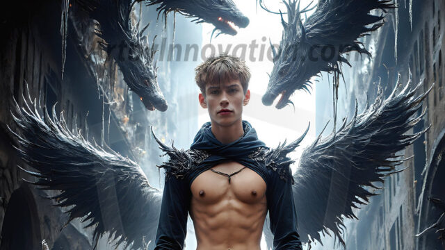 AI male art photos with a fantastical atmosphere. Imagine a Hogwarts School of Witchcraft student, from the Harry Potter series, a handsome, beautiful, and attractive, shirtless young teenage boy, standing firm against a threat. With a detailed Hogwarts castle background, casting a powerful spell, conjuring creatures based on their assigned house crest. From Demonic snakes, powerful lions, fierce badgers, or a murder of Crows. Dementors floating ominously in a cloudy sky, and sparks, shadows, and cinematic lighting, offering an otherworldly vibe.
