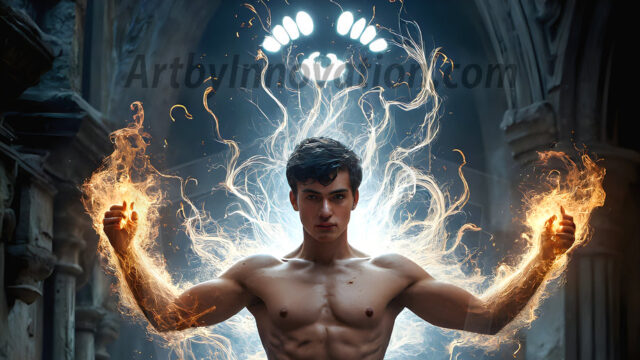 AI male art photos with a fantastical atmosphere. Imagine a Hogwarts School of Witchcraft student, from the Harry Potter series, a handsome, beautiful, and attractive, shirtless young teenage boy, standing firm against a threat. With a detailed Hogwarts castle background, casting a powerful spell, conjuring creatures based on their assigned house crest. From Demonic snakes, powerful lions, fierce badgers, or a murder of Crows. Dementors floating ominously in a cloudy sky, and sparks, shadows, and cinematic lighting, offering an otherworldly vibe.