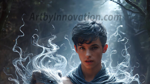 AI male art photos with a fantastical atmosphere. Imagine a Hogwarts School of Witchcraft student, from the Harry Potter series, a handsome, beautiful, and attractive, shirtless young teenage boy, standing firm against a threat. With a detailed Hogwarts castle background, casting a powerful spell, conjuring creatures based on their assigned house crest. From Demonic snakes, powerful lions, fierce badgers, or a murder of Crows. Dementors floating ominously in a cloudy sky, and sparks, shadows, and cinematic lighting, offering an otherworldly vibe.