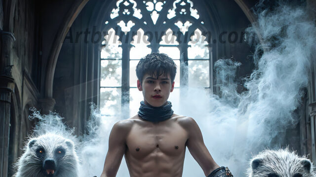 AI male art photos with a fantastical atmosphere. Imagine a Hogwarts School of Witchcraft student, from the Harry Potter series, a handsome, beautiful, and attractive, shirtless young teenage boy, standing firm against a threat. With a detailed Hogwarts castle background, casting a powerful spell, conjuring creatures based on their assigned house crest. From Demonic snakes, powerful lions, fierce badgers, or a murder of Crows. Dementors floating ominously in a cloudy sky, and sparks, shadows, and cinematic lighting, offering an otherworldly vibe.