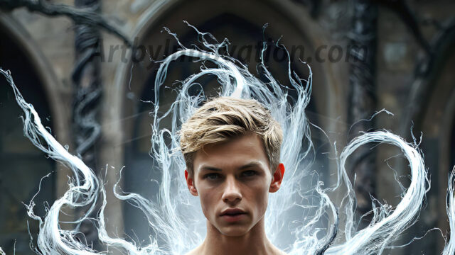 AI male art photos with a fantastical atmosphere. Imagine a Hogwarts School of Witchcraft student, from the Harry Potter series, a handsome, beautiful, and attractive, shirtless young teenage boy, standing firm against a threat. With a detailed Hogwarts castle background, casting a powerful spell, conjuring creatures based on their assigned house crest. From Demonic snakes, powerful lions, fierce badgers, or a murder of Crows. Dementors floating ominously in a cloudy sky, and sparks, shadows, and cinematic lighting, offering an otherworldly vibe.