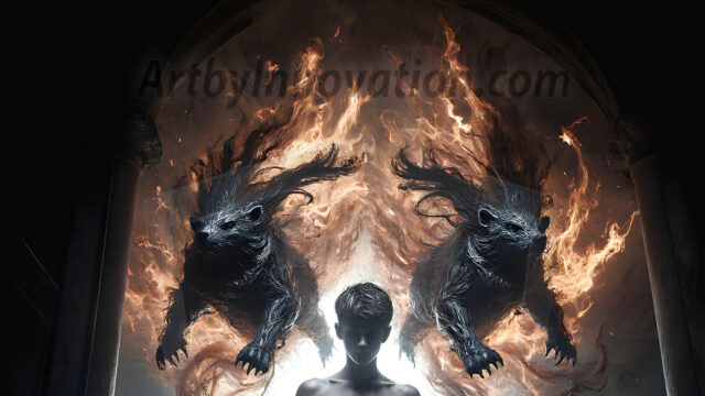 AI male art photos with a fantastical atmosphere. Imagine a Hogwarts School of Witchcraft student, from the Harry Potter series, a handsome, beautiful, and attractive, shirtless young teenage boy, standing firm against a threat. With a detailed Hogwarts castle background, casting a powerful spell, conjuring creatures based on their assigned house crest. From Demonic snakes, powerful lions, fierce badgers, or a murder of Crows. Dementors floating ominously in a cloudy sky, and sparks, shadows, and cinematic lighting, offering an otherworldly vibe.