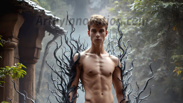 AI male art photos with a fantastical atmosphere. Imagine a Hogwarts School of Witchcraft student, from the Harry Potter series, a handsome, beautiful, and attractive, shirtless young teenage boy, standing firm against a threat. With a detailed Hogwarts castle background, casting a powerful spell, conjuring creatures based on their assigned house crest. From Demonic snakes, powerful lions, fierce badgers, or a murder of Crows. Dementors floating ominously in a cloudy sky, and sparks, shadows, and cinematic lighting, offering an otherworldly vibe.