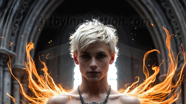 AI male art photos with a fantastical atmosphere. Imagine a Hogwarts School of Witchcraft student, from the Harry Potter series, a handsome, beautiful, and attractive, shirtless young teenage boy, standing firm against a threat. With a detailed Hogwarts castle background, casting a powerful spell, conjuring creatures based on their assigned house crest. From Demonic snakes, powerful lions, fierce badgers, or a murder of Crows. Dementors floating ominously in a cloudy sky, and sparks, shadows, and cinematic lighting, offering an otherworldly vibe.