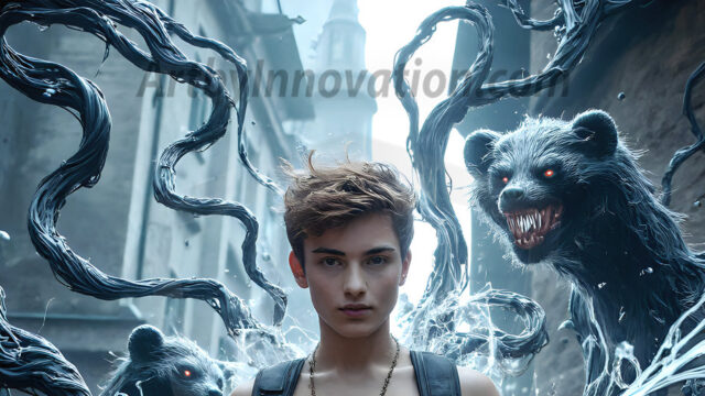 AI male art photos with a fantastical atmosphere. Imagine a Hogwarts School of Witchcraft student, from the Harry Potter series, a handsome, beautiful, and attractive, shirtless young teenage boy, standing firm against a threat. With a detailed Hogwarts castle background, casting a powerful spell, conjuring creatures based on their assigned house crest. From Demonic snakes, powerful lions, fierce badgers, or a murder of Crows. Dementors floating ominously in a cloudy sky, and sparks, shadows, and cinematic lighting, offering an otherworldly vibe.