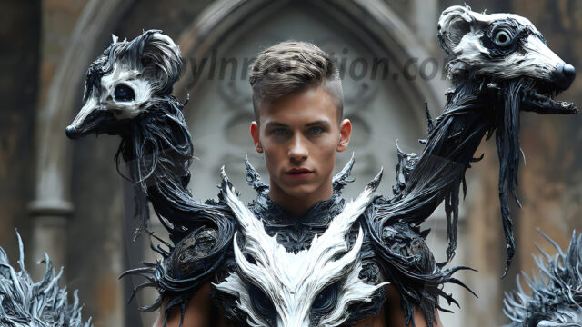 AI male art photos with a fantastical atmosphere. Imagine a Hogwarts School of Witchcraft student, from the Harry Potter series, a handsome, beautiful, and attractive, shirtless young teenage boy, standing firm against a threat. With a detailed Hogwarts castle background, casting a powerful spell, conjuring creatures based on their assigned house crest. From Demonic snakes, powerful lions, fierce badgers, or a murder of Crows. Dementors floating ominously in a cloudy sky, and sparks, shadows, and cinematic lighting, offering an otherworldly vibe.