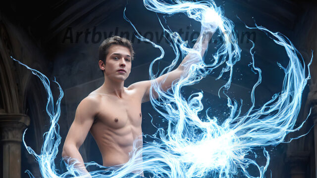 AI male art photos with a fantastical atmosphere. Imagine a Hogwarts School of Witchcraft student, from the Harry Potter series, a handsome, beautiful, and attractive, shirtless young teenage boy, standing firm against a threat. With a detailed Hogwarts castle background, casting a powerful spell, conjuring creatures based on their assigned house crest. From Demonic snakes, powerful lions, fierce badgers, or a murder of Crows. Dementors floating ominously in a cloudy sky, and sparks, shadows, and cinematic lighting, offering an otherworldly vibe.