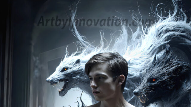 AI male art photos with a fantastical atmosphere. Imagine a Hogwarts School of Witchcraft student, from the Harry Potter series, a handsome, beautiful, and attractive, shirtless young teenage boy, standing firm against a threat. With a detailed Hogwarts castle background, casting a powerful spell, conjuring creatures based on their assigned house crest. From Demonic snakes, powerful lions, fierce badgers, or a murder of Crows. Dementors floating ominously in a cloudy sky, and sparks, shadows, and cinematic lighting, offering an otherworldly vibe.