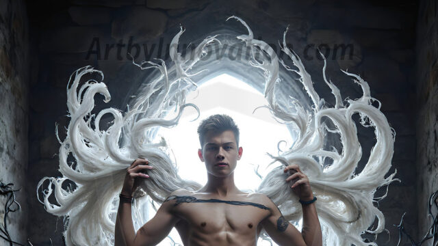 AI male art photos with a fantastical atmosphere. Imagine a Hogwarts School of Witchcraft student, from the Harry Potter series, a handsome, beautiful, and attractive, shirtless young teenage boy, standing firm against a threat. With a detailed Hogwarts castle background, casting a powerful spell, conjuring creatures based on their assigned house crest. From Demonic snakes, powerful lions, fierce badgers, or a murder of Crows. Dementors floating ominously in a cloudy sky, and sparks, shadows, and cinematic lighting, offering an otherworldly vibe.