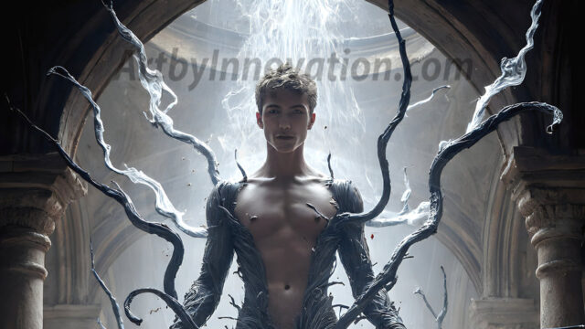 AI male art photos with a fantastical atmosphere. Imagine a Hogwarts School of Witchcraft student, from the Harry Potter series, a handsome, beautiful, and attractive, shirtless young teenage boy, standing firm against a threat. With a detailed Hogwarts castle background, casting a powerful spell, conjuring creatures based on their assigned house crest. From Demonic snakes, powerful lions, fierce badgers, or a murder of Crows. Dementors floating ominously in a cloudy sky, and sparks, shadows, and cinematic lighting, offering an otherworldly vibe.