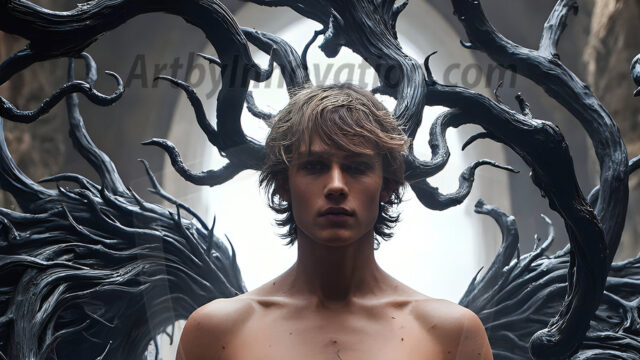 AI male art photos with a fantastical atmosphere. Imagine a Hogwarts School of Witchcraft student, from the Harry Potter series, a handsome, beautiful, and attractive, shirtless young teenage boy, standing firm against a threat. With a detailed Hogwarts castle background, casting a powerful spell, conjuring creatures based on their assigned house crest. From Demonic snakes, powerful lions, fierce badgers, or a murder of Crows. Dementors floating ominously in a cloudy sky, and sparks, shadows, and cinematic lighting, offering an otherworldly vibe.