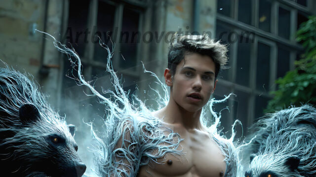 AI male art photos with a fantastical atmosphere. Imagine a Hogwarts School of Witchcraft student, from the Harry Potter series, a handsome, beautiful, and attractive, shirtless young teenage boy, standing firm against a threat. With a detailed Hogwarts castle background, casting a powerful spell, conjuring creatures based on their assigned house crest. From Demonic snakes, powerful lions, fierce badgers, or a murder of Crows. Dementors floating ominously in a cloudy sky, and sparks, shadows, and cinematic lighting, offering an otherworldly vibe.