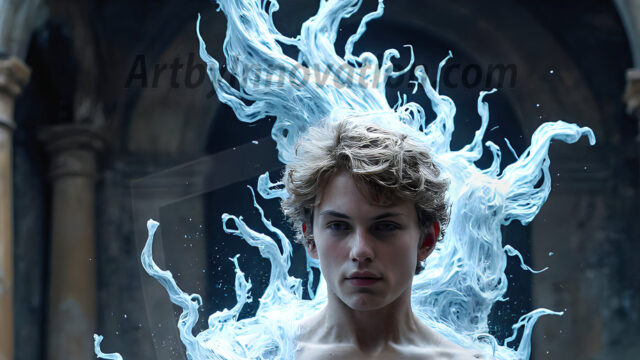 AI male art photos with a fantastical atmosphere. Imagine a Hogwarts School of Witchcraft student, from the Harry Potter series, a handsome, beautiful, and attractive, shirtless young teenage boy, standing firm against a threat. With a detailed Hogwarts castle background, casting a powerful spell, conjuring creatures based on their assigned house crest. From Demonic snakes, powerful lions, fierce badgers, or a murder of Crows. Dementors floating ominously in a cloudy sky, and sparks, shadows, and cinematic lighting, offering an otherworldly vibe.