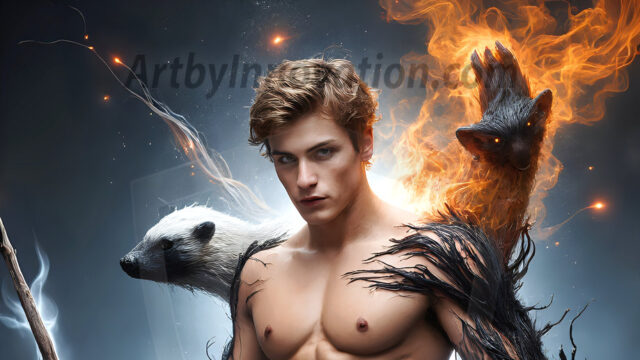 AI male art photos with a fantastical atmosphere. Imagine a Hogwarts School of Witchcraft student, from the Harry Potter series, a handsome, beautiful, and attractive, shirtless young teenage boy, standing firm against a threat. With a detailed Hogwarts castle background, casting a powerful spell, conjuring creatures based on their assigned house crest. From Demonic snakes, powerful lions, fierce badgers, or a murder of Crows. Dementors floating ominously in a cloudy sky, and sparks, shadows, and cinematic lighting, offering an otherworldly vibe.