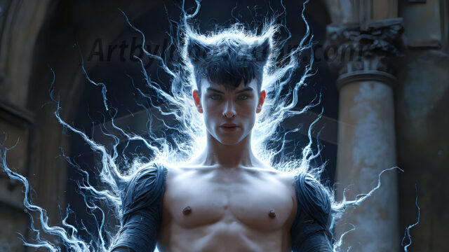 AI male art photos with a fantastical atmosphere. Imagine a Hogwarts School of Witchcraft student, from the Harry Potter series, a handsome, beautiful, and attractive, shirtless young teenage boy, standing firm against a threat. With a detailed Hogwarts castle background, casting a powerful spell, conjuring creatures based on their assigned house crest. From Demonic snakes, powerful lions, fierce badgers, or a murder of Crows. Dementors floating ominously in a cloudy sky, and sparks, shadows, and cinematic lighting, offering an otherworldly vibe.