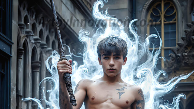AI male art photos with a fantastical atmosphere. Imagine a Hogwarts School of Witchcraft student, from the Harry Potter series, a handsome, beautiful, and attractive, shirtless young teenage boy, standing firm against a threat. With a detailed Hogwarts castle background, casting a powerful spell, conjuring creatures based on their assigned house crest. From Demonic snakes, powerful lions, fierce badgers, or a murder of Crows. Dementors floating ominously in a cloudy sky, and sparks, shadows, and cinematic lighting, offering an otherworldly vibe.